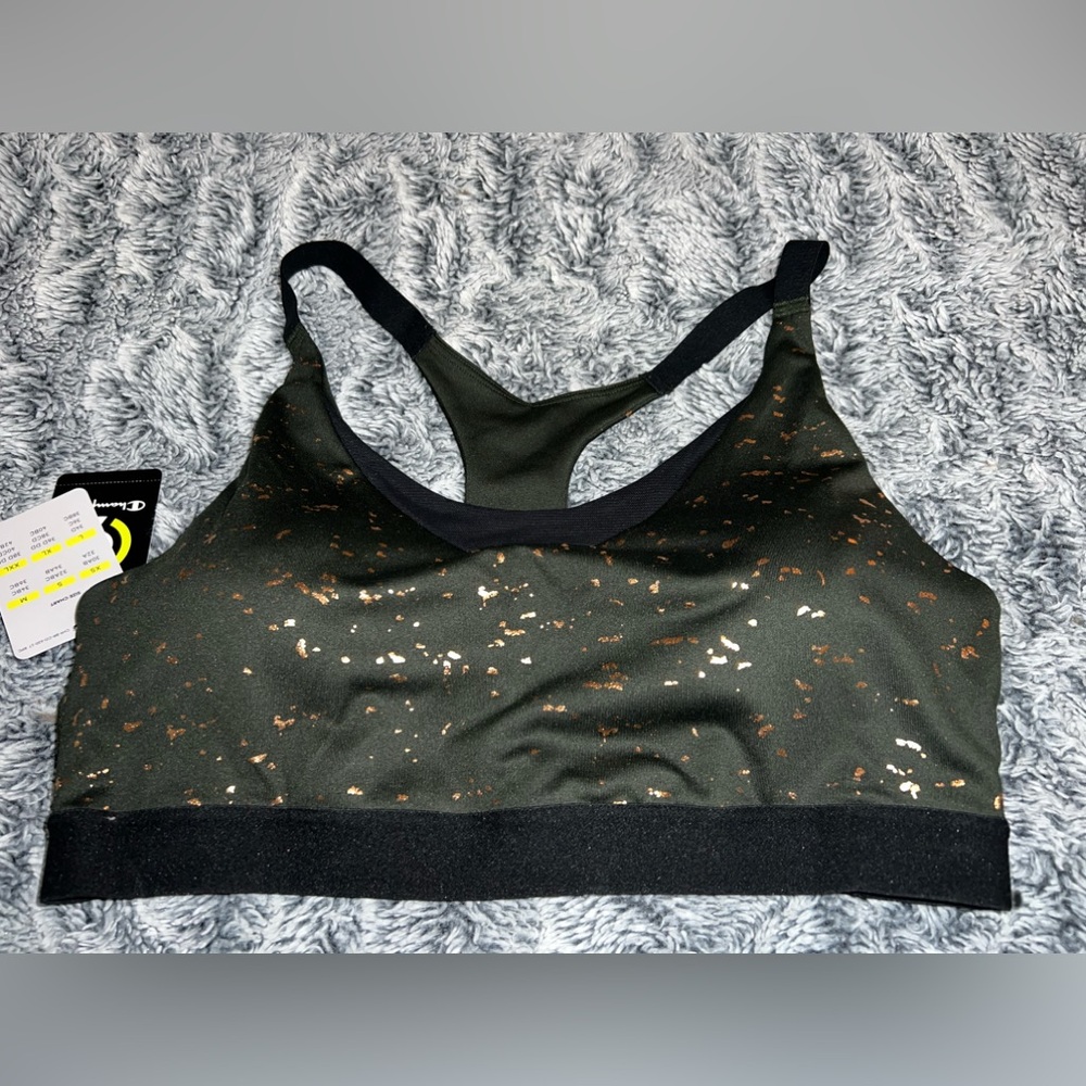 NWT Champion Forest Green & Rose Gold XL Sports Bra Mesh Trim